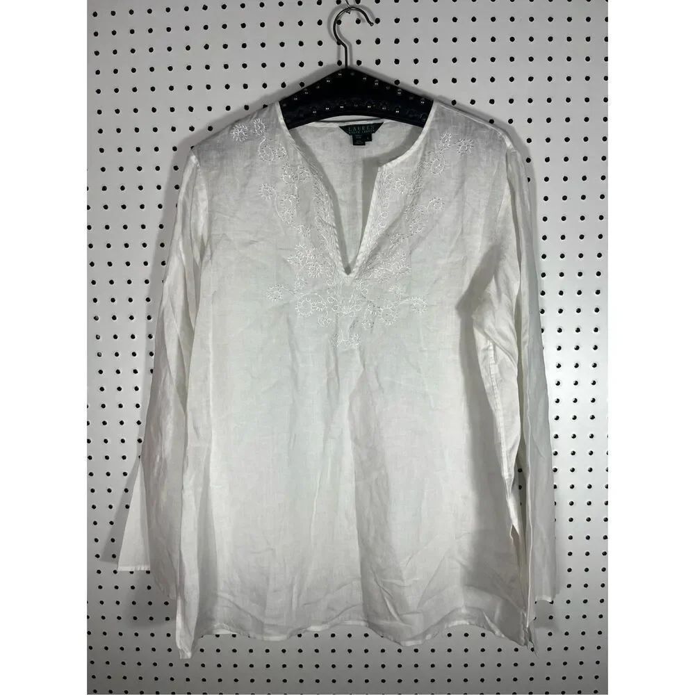 Lauren Ralph Lauren embroidered linen tunic top size L